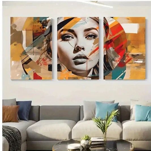 3pcs Modern Geometric Art, Colorful Face Metal Print Ready to Hang Art
