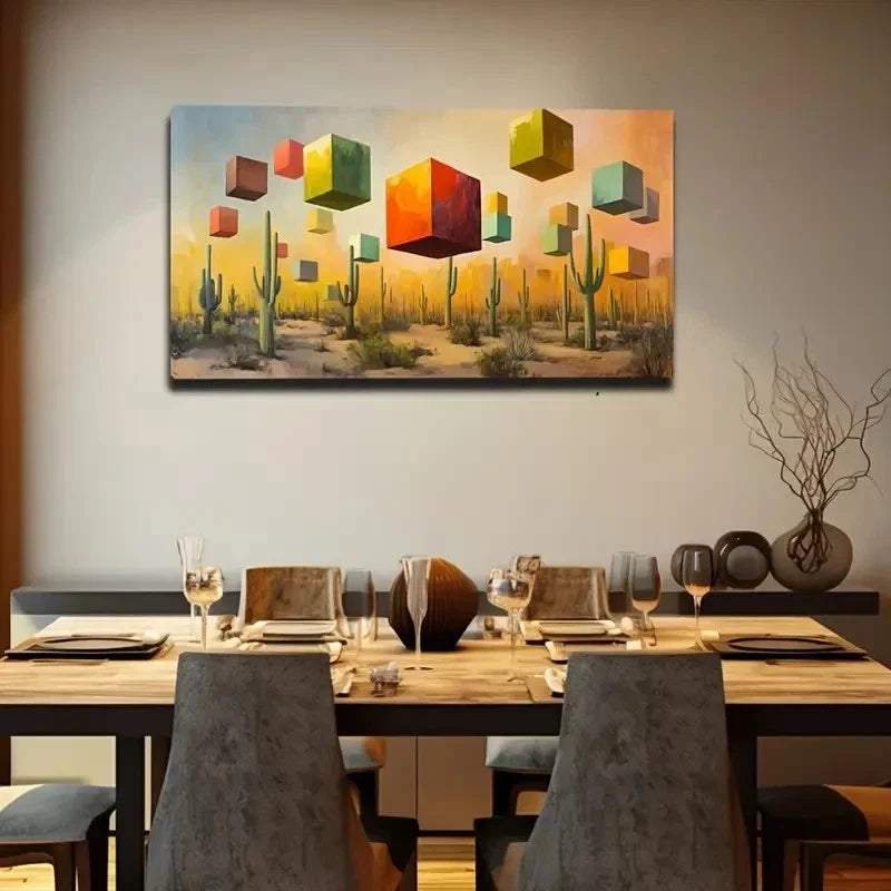 Abstract Cactus And Cube Wall Art Canvas Office Home Room Framed 120x60cm