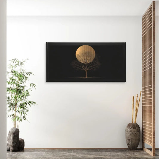 Golden Tree Silhouette Abstract Sun Wall Art Canvas Office Home Framed 80x45cm