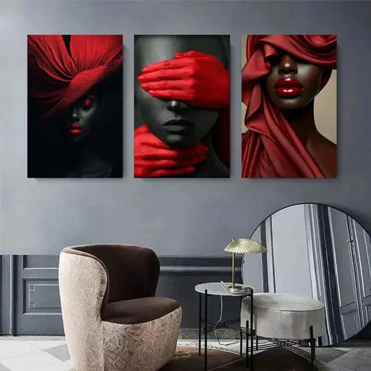 3pcs Abstract Expressionism with Dramatic Red Metal Print Ready to Hang Art