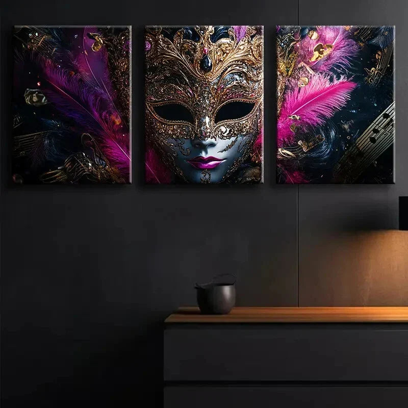 3pcs Gorgeous Venetian Masks Dark Perfect Wall Art Set Canvas Framed 40x60cm - High Quality Print 100% Australian Made Wall Canvas Ready to Hang