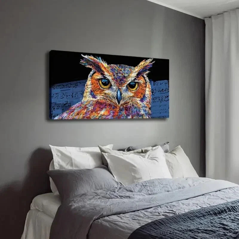 Vibrant Watercolor Owl Musical Wall Art Canvas Office Home Room Framed 120x60cm