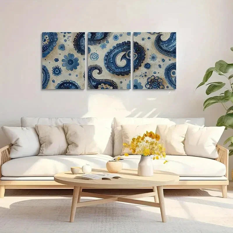 3pcs Seamless Turquoise Paisley Floral & Blue Wall Art Set Canvas Framed 40x60cm - High Quality Print 100% Australian Made Wall Canvas Ready to Hang