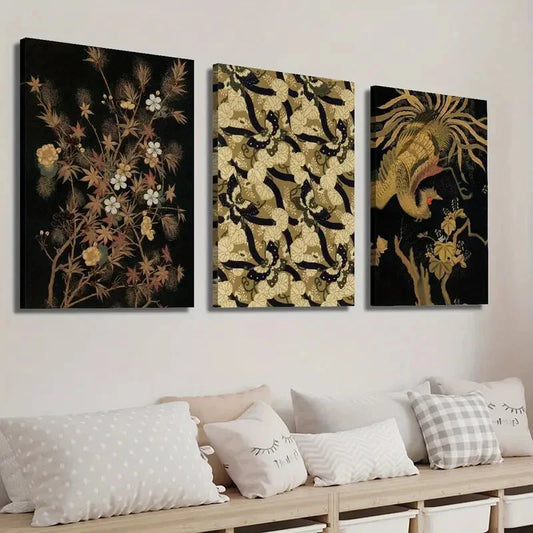3pcs Dark Japanese Botanical Floral & Bird Wall Art Set Canvas Framed 40x60cm - High Quality Print 100% Australian Made Wall Canvas Ready to Hang