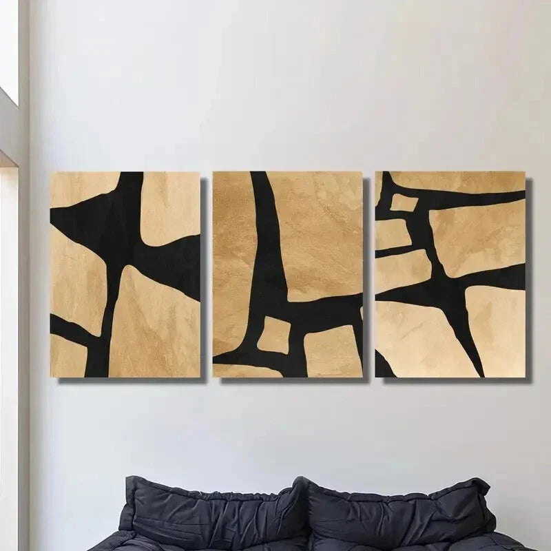 3pcs Geometric Abstract Shape in Beige And Black Wall Art Set Canvas Framed 40x60cm - High Quality Print 100% Australian Made Wall Canvas Ready to Hang