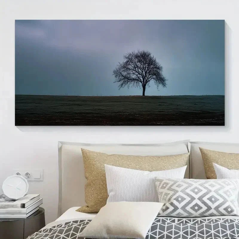Solitary Tree Under Gloomy Sky Wall Art Canvas Office Home Room Framed 80x45cm