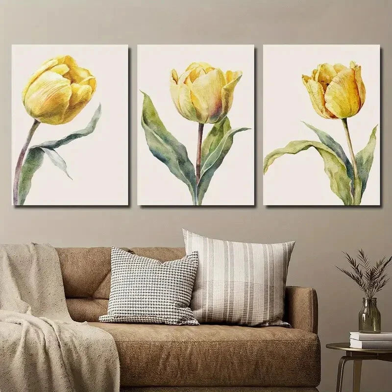 3pcs Vibrant Yellow & Green Tulip Wall Art Set Canvas Framed 40x60cm - High Quality Print 100% Australian Made Wall Canvas Ready to Hang