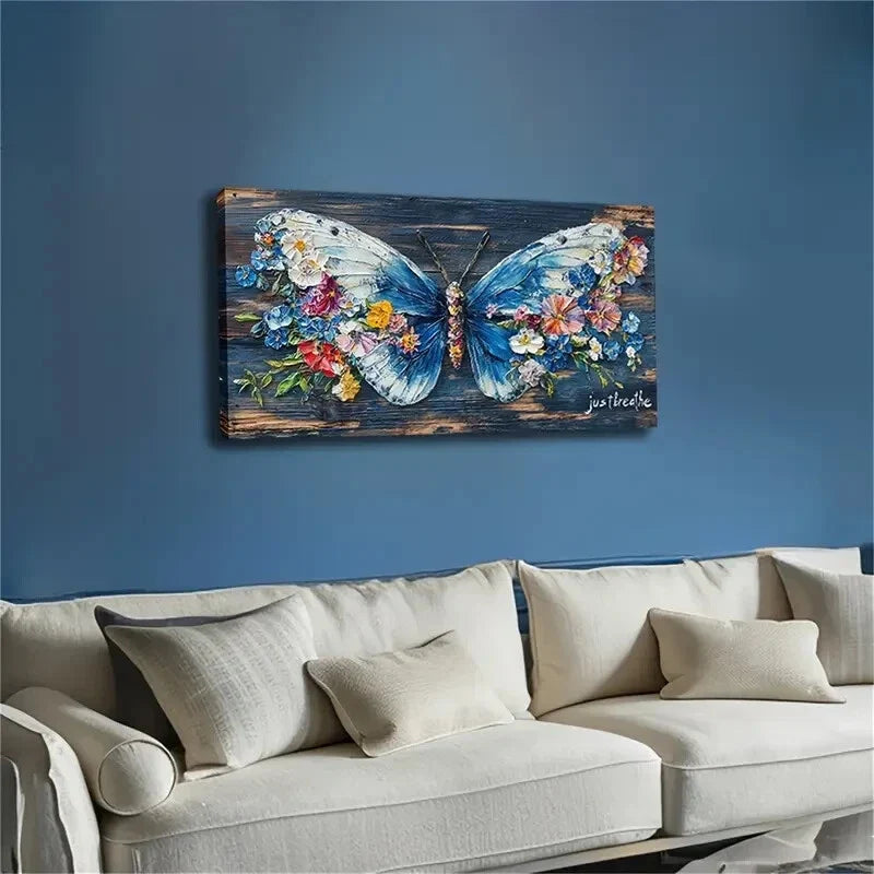 Blue Butterfly Floral Design Wall Art Canvas Office Home Room Framed 120x60cm