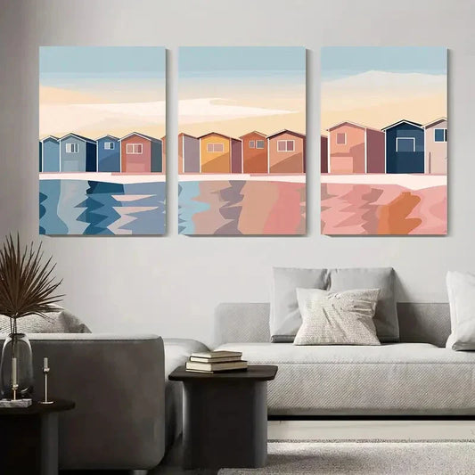 3pcs Modern Coastal Beach Houses Geometric Metal Print Ready to Hang Art