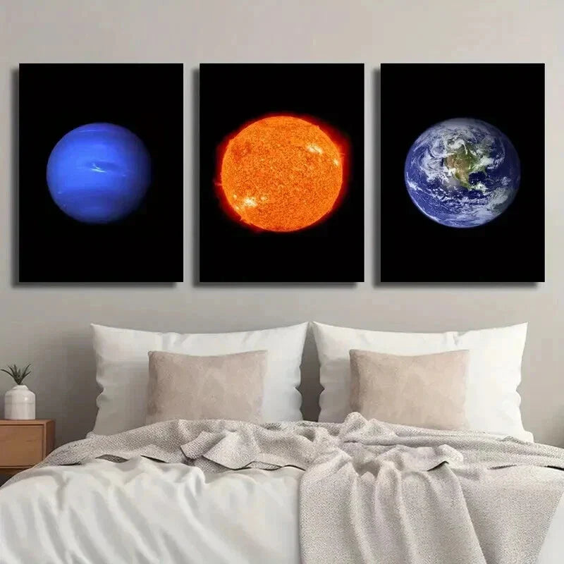 3pcs Sun Neptune Earth on Black Background Wall Art Set Canvas Framed 40x60cm - High Quality Print 100% Australian Made Wall Canvas Ready to Hang