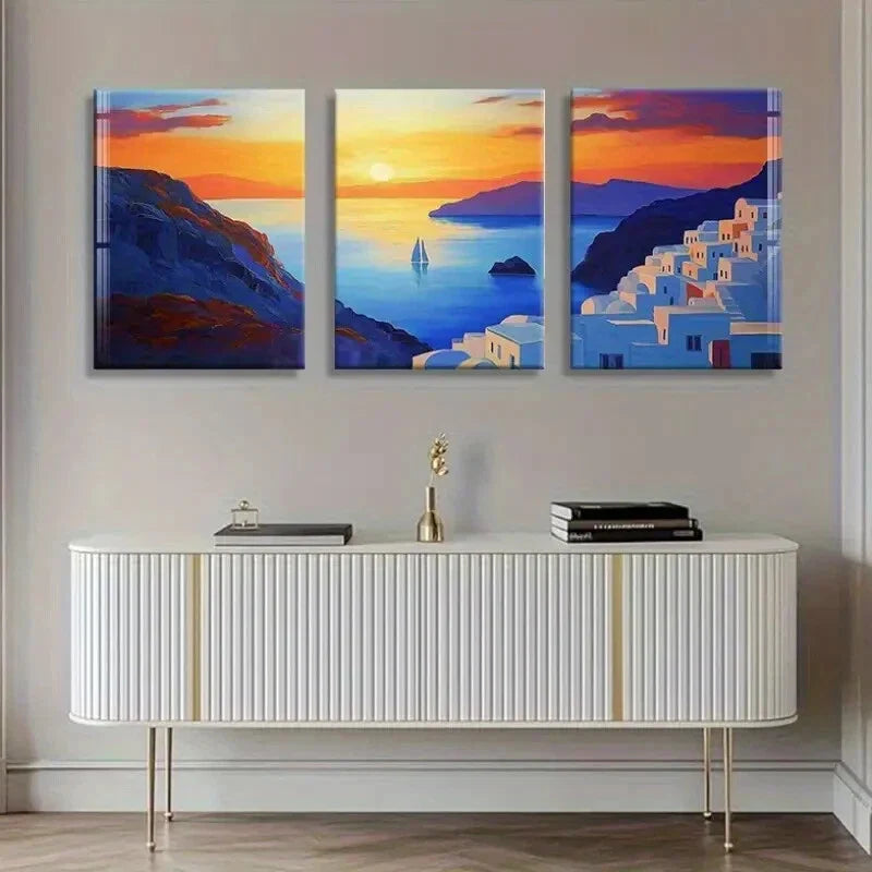 3pcs Vibrant Seascape Santorini Sunset Perfect Wall Art Set Canvas Framed 40x60cm - High Quality Print 100% Australian Made Wall Canvas Ready to Hang