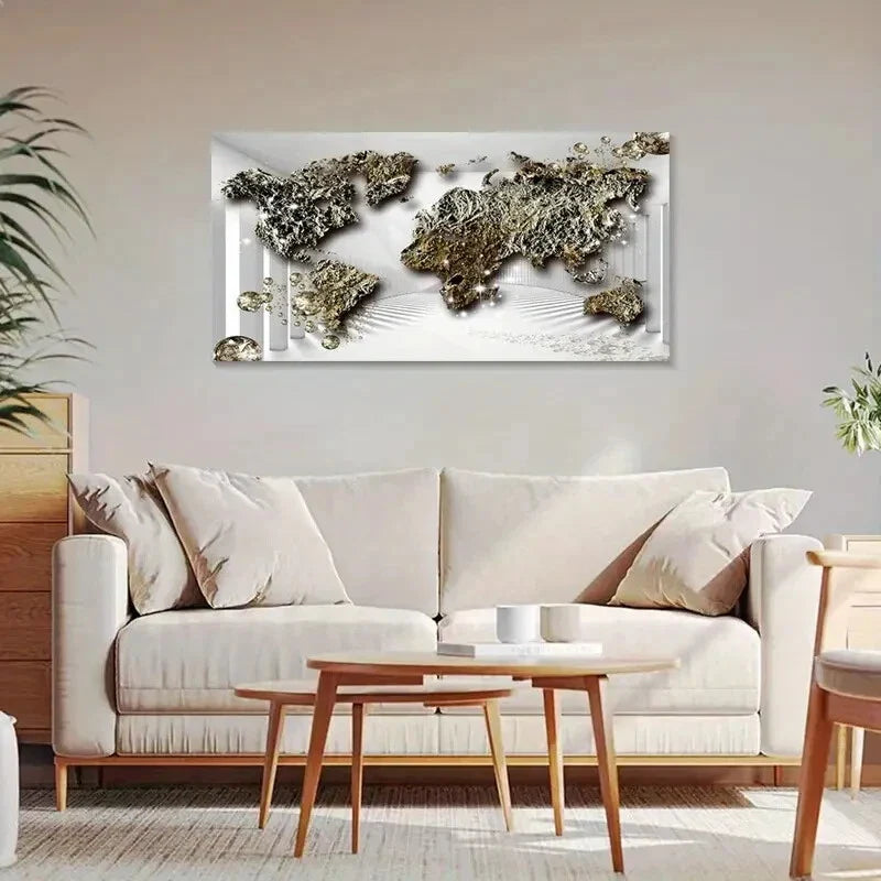 Golden World Map Modern Wall Art Canvas Office Home Room Framed 120x60cm