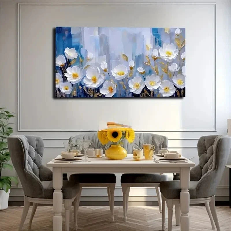 Many White Flowers And Yellow Wall Art Canvas Office Home Room Framed 120x60cm