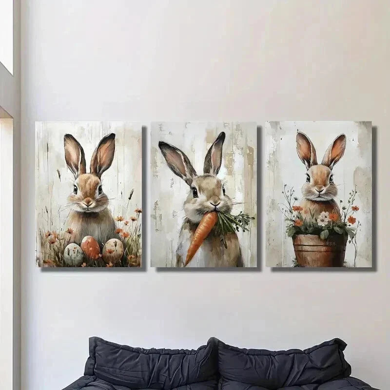 3pcs Rabbits with Eggs & Carrots Wall Art Set Canvas Framed 40x60cm - High Quality Print 100% Australian Made Wall Canvas Ready to Hang