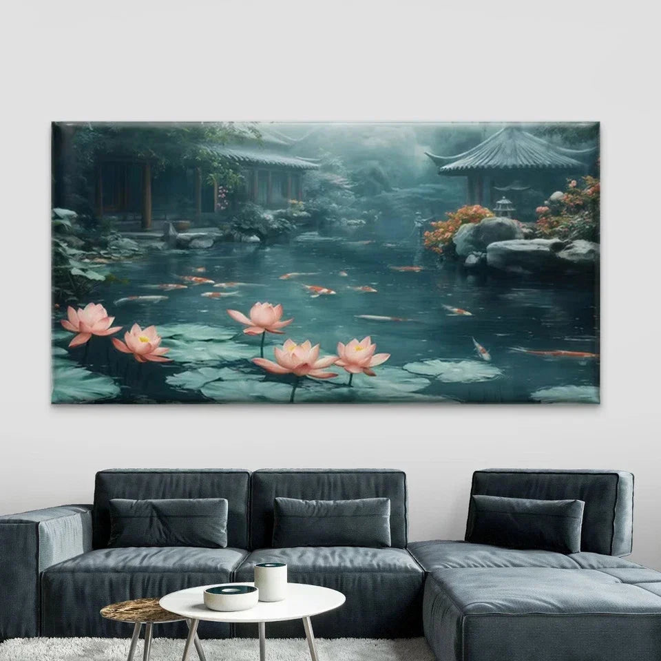 Garden Pond with Lotus Flowers Wall Art Canvas Office Home Room Framed 120x60cm