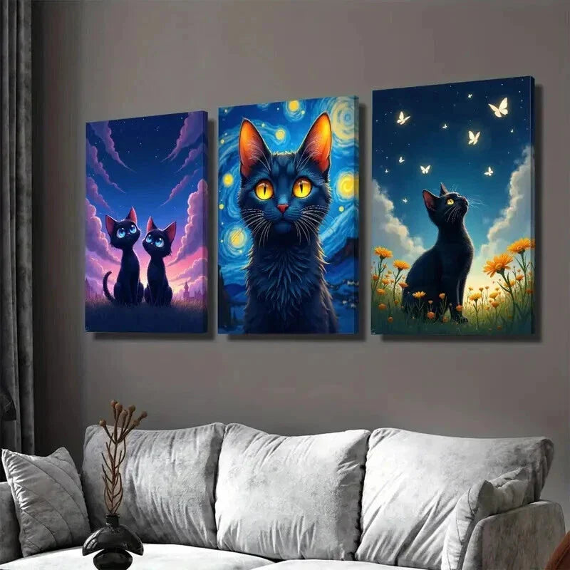 3pcs Night Cat Triptych Yellow Eyes, Vibrant Wall Art Set Canvas Framed 40x60cm - High Quality Print 100% Australian Made Wall Canvas Ready to Hang