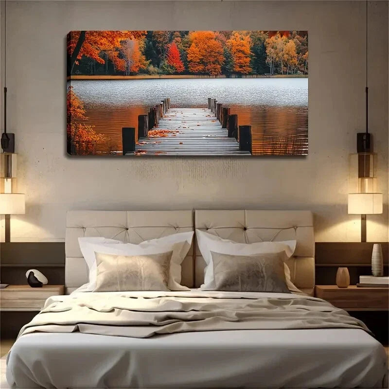 Autumn Forest Lake Bridge Décor Wall Art Canvas Office Home Room Framed 120x60cm
