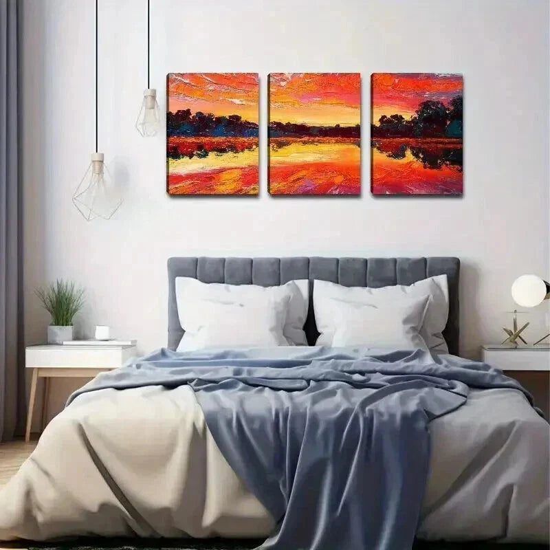 3pcs Colorful Sunset with Lake Reflection Wall Art Set Canvas Framed 40x60cm - High Quality Print 100% Australian Made Wall Canvas Ready to Hang