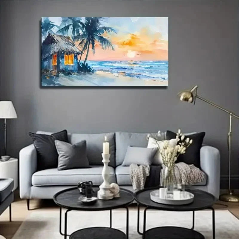 Colorful Beach Side Grass House Wall Art Canvas Office Home Room Framed 80x45cm