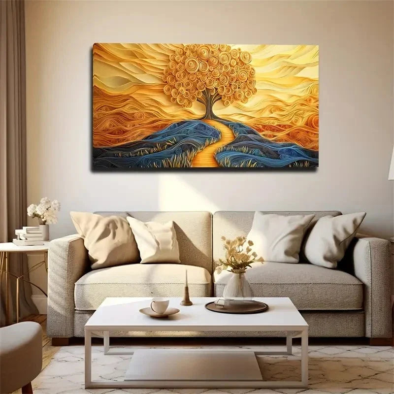 Long Full Circle Tree Suitable Wall Art Canvas Office Home Room Framed 120x60cm