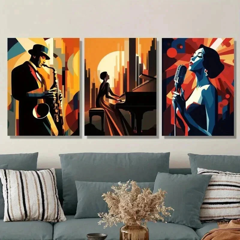 3pcs Jazz Cubist Portrait Orientation Wall Art Set Canvas Framed 40x60cm - High Quality Print 100% Australian Made Wall Canvas Ready to Hang