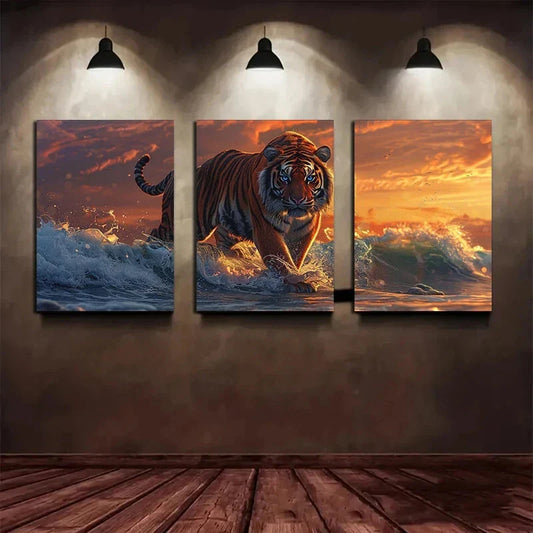 3pcs Tiger in the Waves Sunset Metal Print Ready to Hang Art