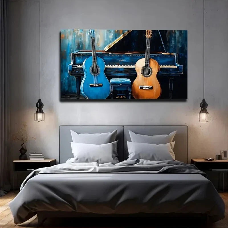 Realistic Blue & Brown Guitars Wall Art Canvas Office Home Room Framed 120x60cm