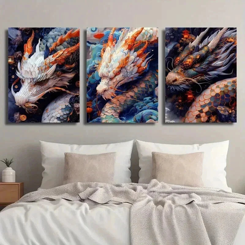 3pcs Gorgeous Oriental Dragon Decorative Wall Art Set Canvas Framed 40x60cm - High Quality Print 100% Australian Made Wall Canvas Ready to Hang