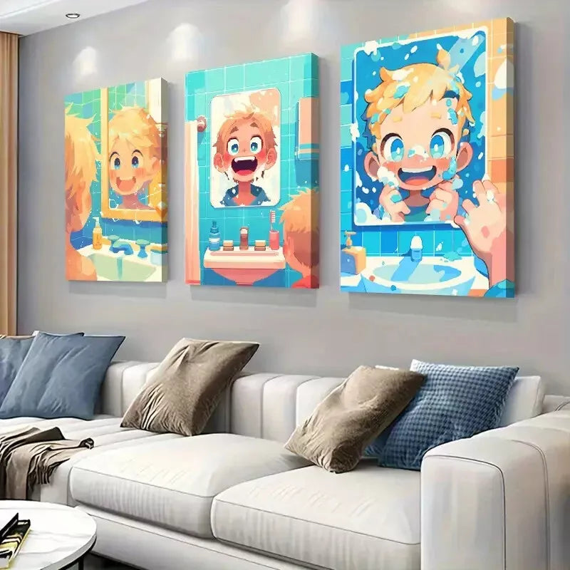 3pcs  Cute Boy Washing Face Comic - style Wall Art Set Canvas Framed 40x60cm - High Quality Print 100% Australian Made Wall Canvas Ready to Hang