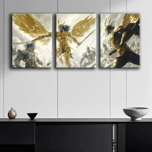 3pcs Fantasy Warrior Battle Luxurious Metal Print Ready to Hang Art