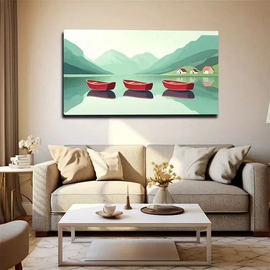 Serene Red Boats on Calm Lake Wall Art Canvas Office Home Room Framed 120x60cm