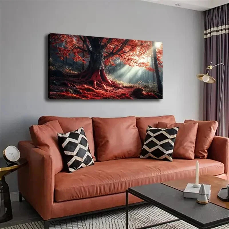 Majestic Red Tree Autumn Décor Wall Art Canvas Office Home Room Framed 120x60cm