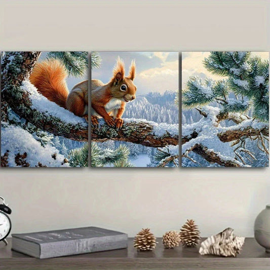 3pcs Snowy Squirrel On Branch Design Metal Print Ready to Hang Art