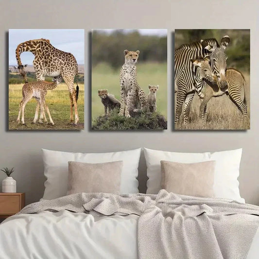 3pcs Giraffe Cheetah Zebra Wildlife Animal Metal Print Ready to Hang Art