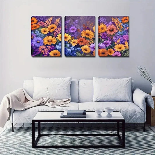 3pcs Colorful Daisy & Sunflower Garden Scene  Wall Art Set Canvas Framed 40x60cm - High Quality Print 100% Australian Made Wall Canvas Ready to Hang