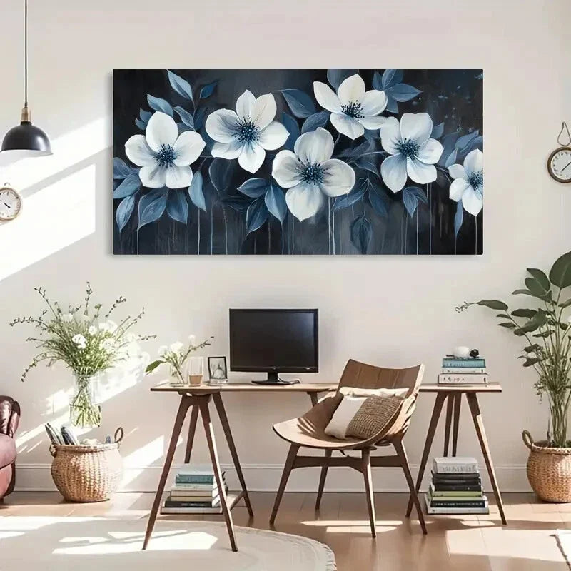 Elegant Blue Floral Modern Soft Wall Art Canvas Office Home Room Framed 120x60cm