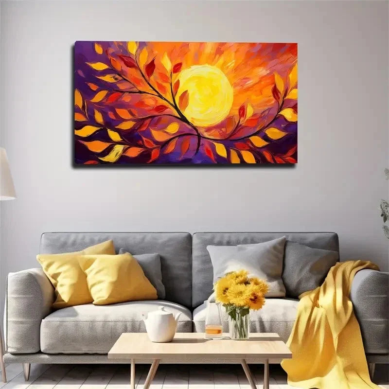 Vibrant Autumn Leaves Sun Wall Art Canvas Office Home Room Framed 80x45cm