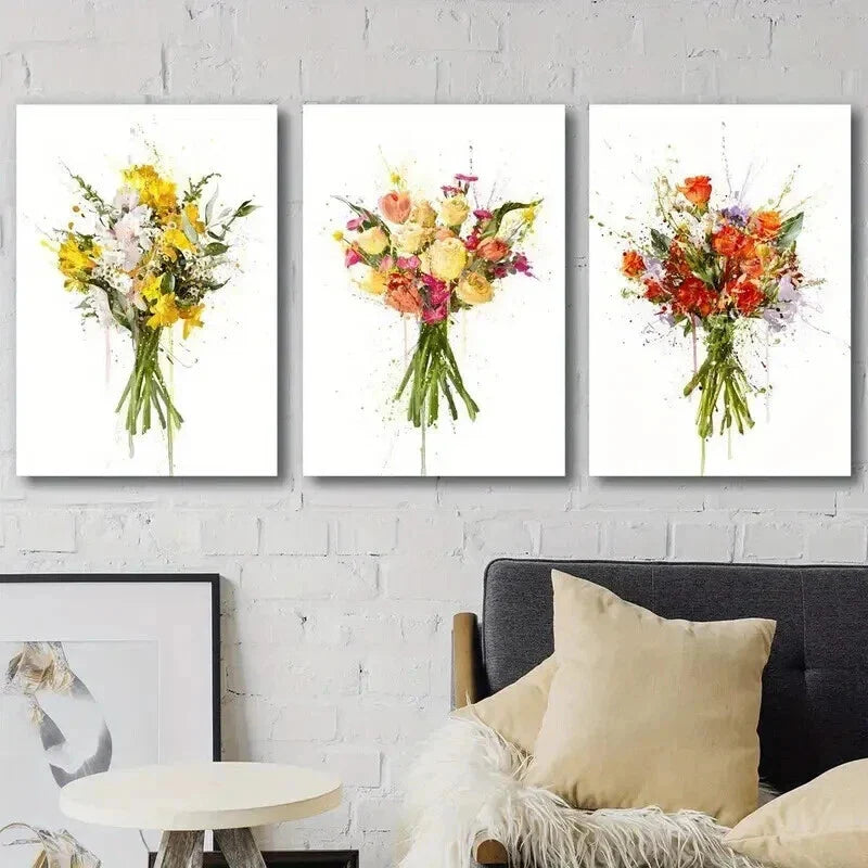 3pcs Colorful Floral Murals with Green Stems Wall Art Set Canvas Framed 40x60cm - High Quality Print 100% Australian Made Wall Canvas Ready to Hang
