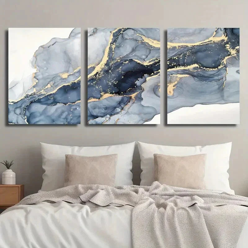 3pcs Blue & Golden Marble Texture Decor Wall Art Set Canvas Framed 40x60cm - High Quality Print 100% Australian Made Wall Canvas Ready to Hang