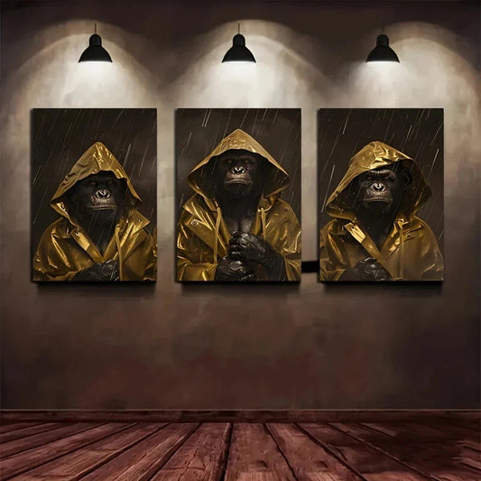3pcs Chimpanzee Rain Court Rainy Metal Print Ready to Hang Art