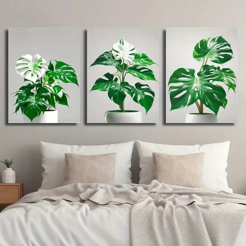 3pcs Monstera Plant Leaf Decor Wall Art Set Canvas Framed 40x60cm - High Quality Print 100% Australian Made Wall Canvas Ready to Hang