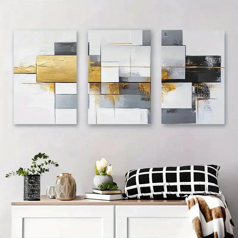 3pcs Modern Abstract Golden & Gray Geometric Metal Print Ready to Hang Art