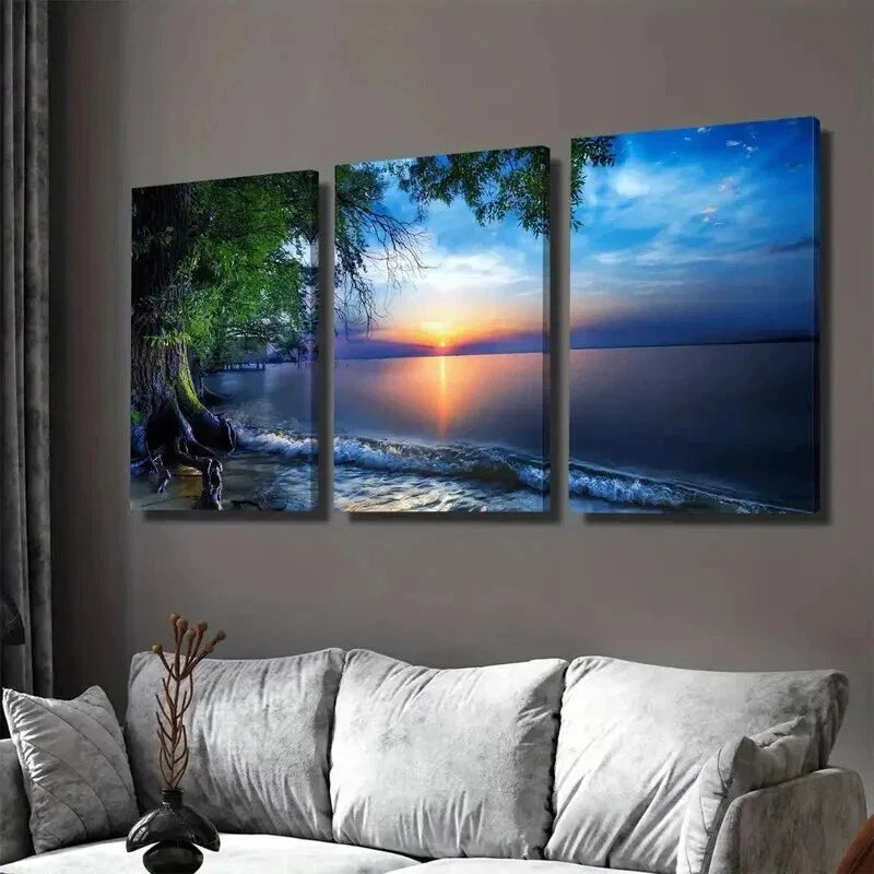 3pcs Sunset Beach Scene with Palm Tree Ocean Wall Art Set Canvas Framed 40x60cm - High Quality Print 100% Australian Made Wall Canvas Ready to Hang