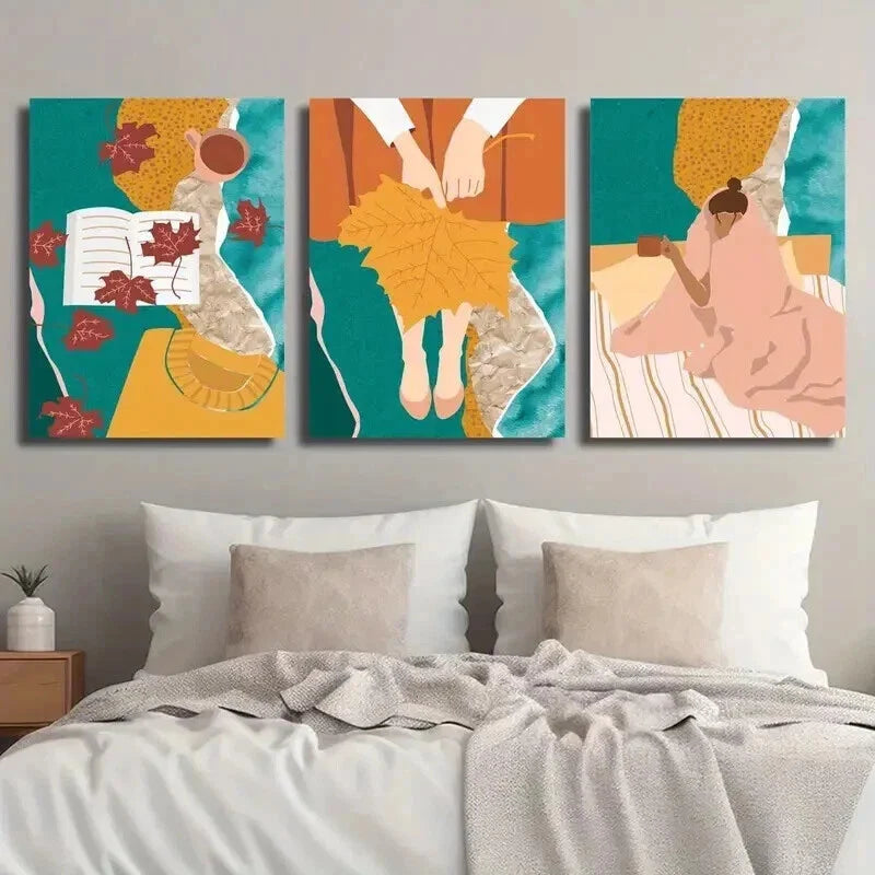 3pcs Autumn Themed Fall Leaves Wall Art Set Canvas Framed 40x60cm - High Quality Print 100% Australian Made Wall Canvas Ready to Hang