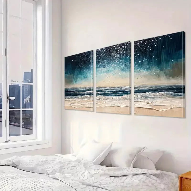 3pcs Abstract Night Beach Waves Classic Wall Art Set Canvas Framed 40x60cm - High Quality Print 100% Australian Made Wall Canvas Ready to Hang