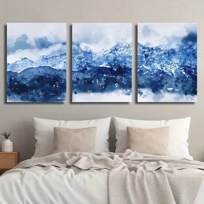3pcs Abstract Blue White Navy Blue Mountains Wall Art Set Canvas Framed 40x60cm - High Quality Print 100% Australian Made Wall Canvas Ready to Hang