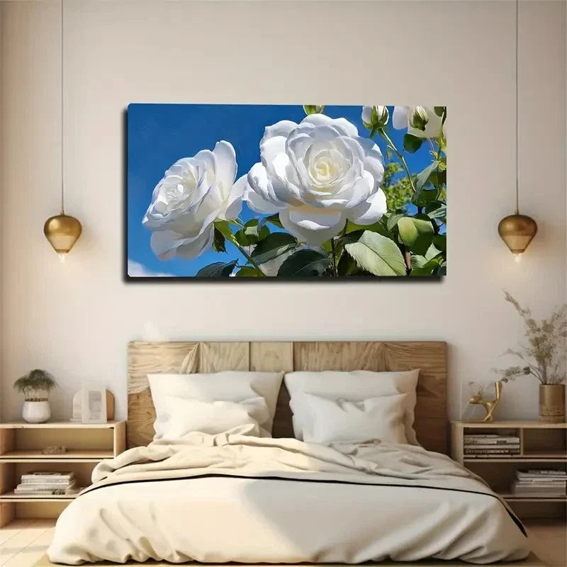 Blue Sky With White Roses Wall Art Canvas Office Home Room Framed 80x45cm
