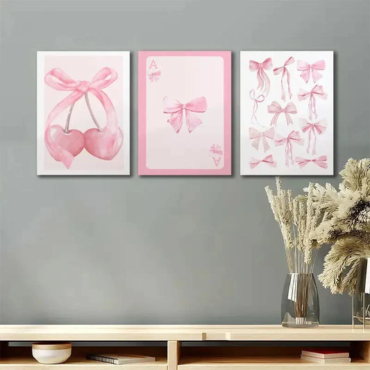 3pcs Trendy Pink Bows Wall Art Set Canvas Framed 40x60cm - High Quality Print 100% Australian Made Wall Canvas Ready to Hang