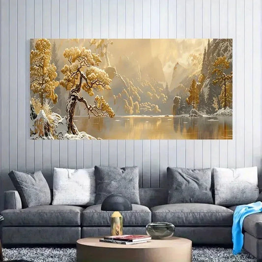 Golden Trees & Snowy Mountains Wall Art Canvas Office Home Room Framed 120x60cm