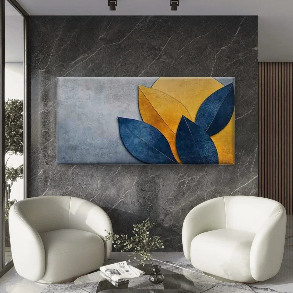 Abstract Leaf Blue And Yellow Wall Art Canvas Office Home Room Framed 80x45cm